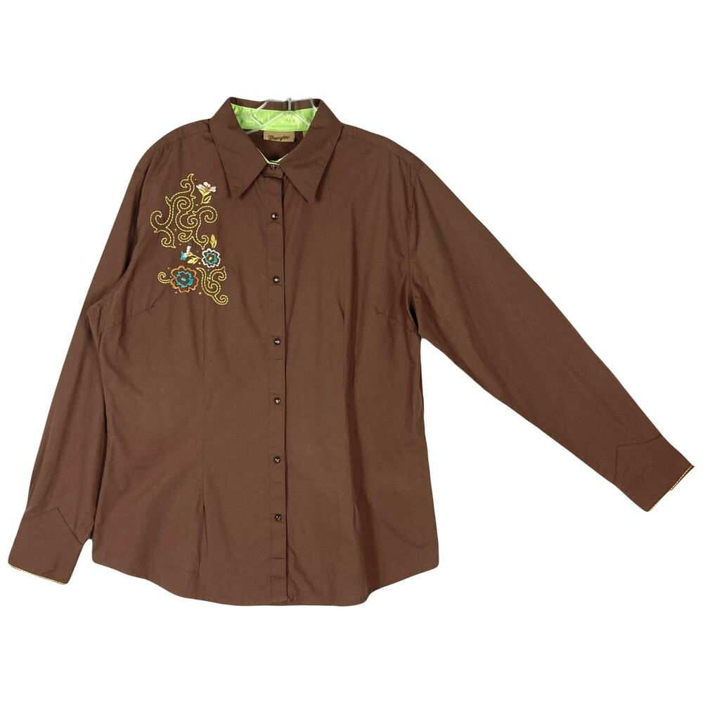 NWOT WRANGLER Shirt L Western Brown Gold-Stitch Rhinestones Floral-Embroidery